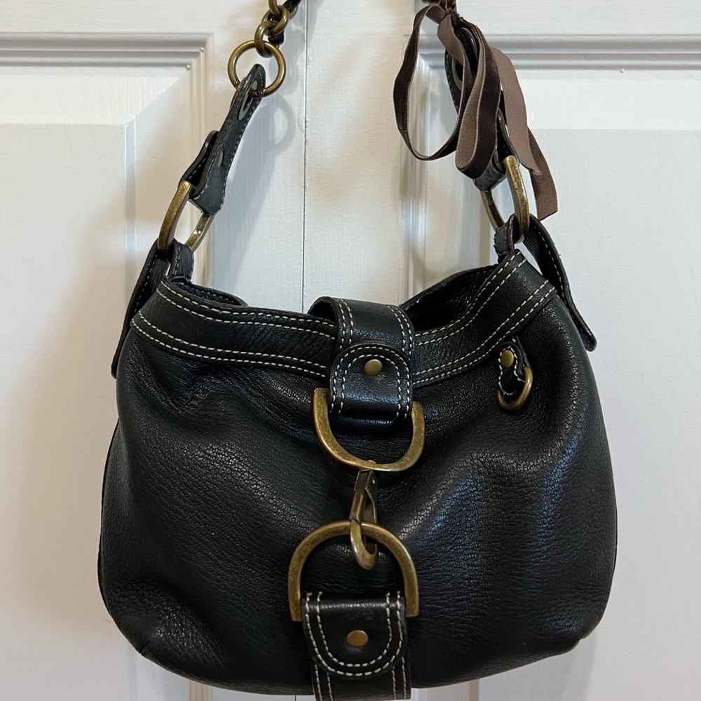 J.Crew Black Leather Brass Chain Handle Purse Handbag
